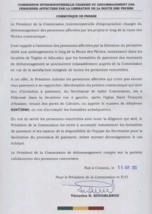 Le président de la Commission Interministérielle  informe que les formalités de paiement des montants de dédommagement se poursuivent 