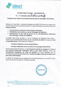 La SIRAT annonce la fermeture temporaire de la bretelle ouest de l'échangeur de Godomey du 20 mai au 19 août pour travaux, 