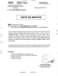 Suspension de la directrice de l'EPP d'Onigbolo suite à des allégations de détournement de vivres de la cantine scolaire.