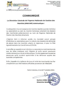 L'Agence Nationale de Gestion des Marchés (ANaGeM) a émis un avertissement concernant des individus malintentionnés 